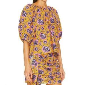 NWOT Rhode Rowan Top Blouse Gold Lotus Print Puff Sleeve 100% Cotton Size XS